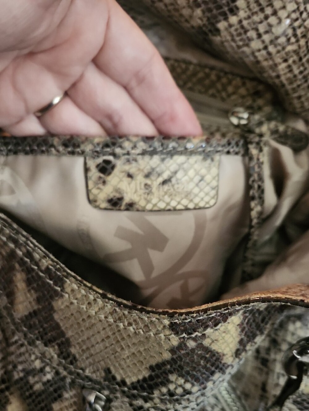 Michael Kors Beige and Black Snakeskin-Print Shoulder Bag with Silver Hardware - Picture 5 of 7